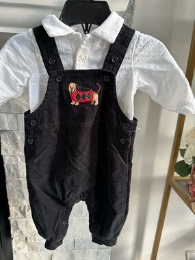 Little Me Black Corduroy Overalls with Dachshund Embroidery